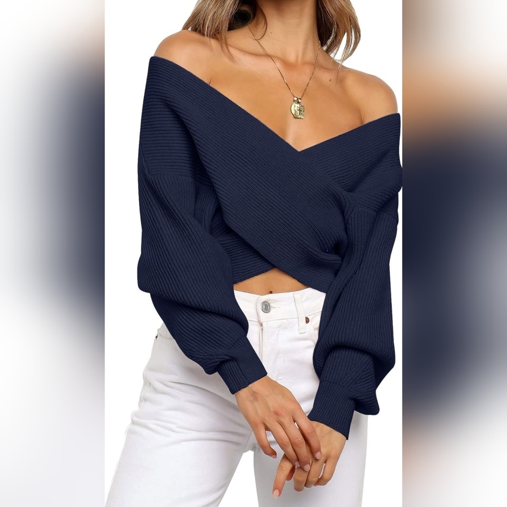 Cross Front Lantern Sleeve V Neck Asymmetric Hem Pullover Sweater